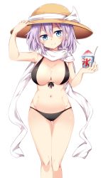 Rule 34 | 1girl, adjusting clothes, adjusting headwear, alternate headwear, bikini, black bikini, blue eyes, blush, breasts, commentary request, feet out of frame, food, hair between eyes, hat, hat ribbon, head tilt, highres, holding, holding food, large breasts, legs together, letty whiterock, light purple hair, looking at viewer, maturiuta sorato, navel, ribbon, scarf, shaved ice, short hair, simple background, smile, solo, standing, straw hat, swimsuit, thighs, touhou, translation request, white background, white ribbon, white scarf