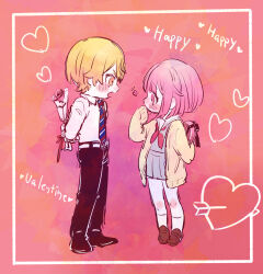 Rule 34 | 1boy, 1girl, arrow through heart, belt, black footwear, black pants, black ribbon, blonde hair, blue necktie, blunt bangs, blush, border, box, brown footwear, cardigan, chibi, collared shirt, commentary, english text, eye contact, face-to-face, flower, framed, from side, full body, gift, gift box, gradient hair, grey serafuku, grey skirt, hair between eyes, hand up, heart, hetero, highres, holding, holding behind back, holding gift, knee blush, loafers, long sleeves, looking at another, multicolored hair, multicolored necktie, neckerchief, necktie, notice lines, ootori emu, open cardigan, open clothes, open mouth, orange eyes, orange hair, pants, pastel colors, pink background, pink cardigan, pink eyes, pink flower, pink hair, pink rose, pleated skirt, poppu usagi, profile, project sekai, red neckerchief, red necktie, ribbon, rose, sailor collar, school uniform, serafuku, shirt, shoes, short hair, shy, sketch, skirt, sleeves past wrists, socks, standing, striped necktie, tenma tsukasa, valentine, white belt, white border, white necktie, white sailor collar, white shirt, white socks