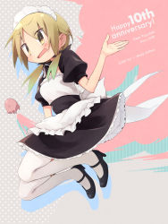 Rule 34 | 1girl, 2008, alternate costume, anniversary, apron, blonde hair, blush, breasts, character name, copyright name, embarrassed, enmaided, full body, high heels, highres, ichii yui, looking at viewer, low twintails, maid, maid apron, maid headdress, mary janes, medium hair, okayparium, pantyhose, parted lips, rectangular mouth, shoes, short twintails, small breasts, solo, thighhighs, twintails, white pantyhose, white thighhighs, yellow eyes, yuyushiki