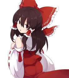 Rule 34 | 1girl, ass, bow, brown eyes, brown hair, detached sleeves, from behind, hair between eyes, hair bow, hair tubes, hakurei reimu, highres, long hair, long sleeves, looking at viewer, looking back, open mouth, red bow, red skirt, ribbon-trimmed sleeves, ribbon trim, rizento, sidelocks, simple background, skirt, solo, touhou, white background, wide sleeves