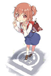 Rule 34 | 1girl, backpack, bag, bag charm, blue skirt, bow, bowtie, bright pupils, brown footwear, brown hair, character charm, character doll, charm (object), cloba, commentary request, double v, flute, foreshortening, full body, grin, highres, hoshino hinata, instrument, kneehighs, leaning forward, looking at viewer, one eye closed, randoseru, recorder, red bow, red bowtie, red eyes, school uniform, shoes, short hair, signature, skirt, smile, socks, solo, standing, v, v-shaped eyebrows, watashi ni tenshi ga maiorita!, white socks