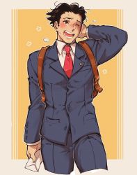 Rule 34 | 1boy, ace attorney, arm behind head, backpack, bag, black hair, blue suit, blush, buttons, cowboy shot, formal, imagoimitari, mail, male focus, necktie, one eye closed, phoenix wright, pocket, red necktie, solo, suit, white background