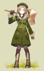 Rule 34 | 1girl, aged up, bad id, bad twitter id, blonde hair, boots, brown pantyhose, coat, fate/grand order, fate (series), full body, green background, green hat, hat, newo (shinra-p), pantyhose, parted bangs, paul bunyan (fate), pocket, simple background, solo, standing, yellow eyes