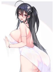 Rule 34 | 1girl, ahoge, arched back, armlet, ass, azur lane, back, backless dress, backless outfit, bare shoulders, black hair, breasts, commentary, dress, earrings, from behind, garter straps, hair between eyes, hair ornament, heavy breathing, highres, huge breasts, jewelry, kuavera, long hair, looking at viewer, looking back, official alternate costume, red eyes, see-through, see-through dress, skindentation, sleeveless, sleeveless dress, smile, solo, strap gap, taihou (azur lane), taihou (temptation on the sea breeze) (azur lane), teeth, tongue, tongue out, upper teeth only, wedding dress, white dress