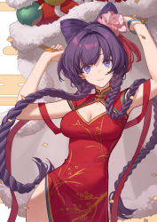 Rule 34 | 1girl, armpits, bad id, bad pixiv id, bow, braid, breasts, china dress, chinese clothes, chinese new year, cleavage, closed mouth, dress, hair bow, hair ornament, highres, holding, honkai (series), honkai impact 3rd, long hair, looking at viewer, purple eyes, purple hair, raiden mei, red dress, short sleeves, smile, solo, sougishi ego, twin braids