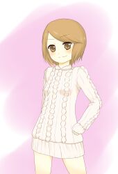 Rule 34 | 1girl, aran sweater, breasts, brown eyes, brown hair, cable knit, closed mouth, commentary request, dress, feet out of frame, hand on own hip, highres, i.u.y, kinuhata saiai, light blush, long sleeves, looking at viewer, pink background, short dress, short hair, small breasts, smile, solo, sweater, sweater dress, thighs, toaru majutsu no index, white dress, white sweater