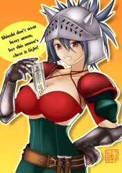 Rule 34 | 1girl, absurdres, armor, artist name, between breasts, breasts, character request, cleavage, english text, grey hair, grin, hand on own hip, highres, large breasts, looking at viewer, ponytail, red eyes, sexually suggestive, smile, solo, teasing, west-maison