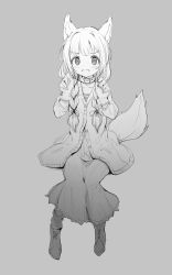Rule 34 | 1girl, absurdres, animal ear fluff, animal ears, blush, boots, braid, collar, collarbone, commentary request, dress, fang, full body, gloves, grey background, greyscale, hair over shoulder, hair ribbon, hands up, highres, jacket, long hair, long sleeves, looking at viewer, low twintails, monochrome, open mouth, original, ribbon, shone, simple background, sitting, solo, tail raised, twin braids, twintails, v-shaped eyebrows