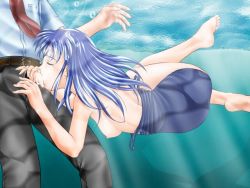 Rule 34 | 1boy, 1girl, barefoot, belt, blue hair, blue one-piece swimsuit, breasts, bubble, closed eyes, fellatio, game cg, holding breath, long hair, necktie, nipples, one-piece swimsuit, oral, pants, penis, school, school swimsuit, sex, shirt, solo focus, swimsuit, topless, uncensored, underwater, underwater sex, wet, wet clothes