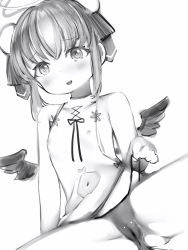 Rule 34 | 1girl, :d, bad id, bad pixiv id, blush, cameltoe, cleft of venus, clothes lift, clothing cutout, copyright request, covered erect nipples, dot nose, double bun, dress, dress lift, greyscale, hair bun, head tilt, highres, looking at viewer, monochrome, nanashi (nlo), navel cutout, no bra, open mouth, panties, simple background, smile, solo, spread legs, underwear, virtual youtuber, white background, wings