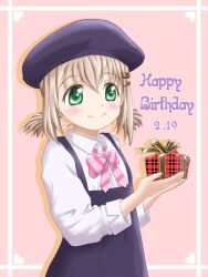 1girl birthday blush closed_mouth dated dot_nose english_text feet_out_of_frame female_focus gift green_eyes grey_hair happy_birthday hat heart_(symbol) holding holding_gift long_sleeves pink_background short_hair simple_background smile solo standing su6546age unifom yama_no_susume yukimura_aoi