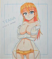 Rule 34 | 1girl, absurdres, areola slip, blue eyes, blush, breasts, character name, cleavage, closed mouth, collarbone, covered erect nipples, dated, gh9000, highres, large breasts, long hair, looking at viewer, lyrical nanoha, mahou shoujo lyrical nanoha strikers, navel, no bra, orange hair, orange panties, panties, shirt, smile, solo, teana lanster, underwear, wet, wet clothes, wet shirt