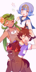 Rule 34 | 2boys, 2girls, :d, antenna hair, ash ketchum, blue eyes, blue hair, blue sailor collar, brown hair, catsubun (kkst0904), collarbone, commentary, creatures (company), dark-skinned female, dark-skinned male, dark skin, flower, game freak, green eyes, green hair, green headband, grey overalls, hairband, hand up, headband, highres, jewelry, kiawe (pokemon), lana (pokemon), long hair, mallow (pokemon), multiple boys, multiple girls, necklace, nintendo, open mouth, overalls, pink flower, pink shirt, pokemon, pokemon (anime), pokemon sm (anime), sailor collar, shirt, short hair, sleeveless, sleeveless shirt, smile, star (symbol), swept bangs, teeth, tongue, topless male, twintails, upper teeth only, white background, white shirt, yellow hairband