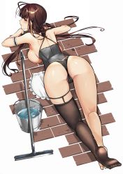 Rule 34 | 1girl, alracoco, antenna hair, apron, ass, back, barefoot, breasts, brick floor, brown hair, bucket, commentary request, corset, dsr-50 (girls&#039; frontline), girls&#039; frontline, grey background, highres, large breasts, lying, maid, maid apron, mop, on stomach, red eyes, sideboob, sidelocks, single thighhigh, soles, thighhighs, thighs, twitter username