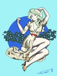 Rule 34 | 1girl, belt, blonde hair, blue background, blue eyes, commentary, diana cavendish, dress, english commentary, floral background, full body, hand in own hair, high heels, highres, ironsiderodger, little witch academia, long hair, looking at viewer, red belt, signature, solo, white dress, yellow footwear