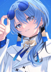 Rule 34 | 1girl, absurdres, aoi zerii, blue eyes, blue hair, blush, commentary request, earrings, hair between eyes, highres, hololive, hoshimachi suisei, hoshimachi suisei (8th costume), hoshimachi suisei (oriental suit), jewelry, long hair, looking at viewer, official alternate costume, round eyewear, smile, solo, star (symbol), star in eye, sunglasses, symbol in eye, tassel, virtual youtuber