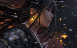 Rule 34 | 1girl, black eyes, black hair, black kimono, closed mouth, commentary, earrings, english commentary, floral print, from side, glowing, guweiz, highres, japanese clothes, jewelry, kimono, long hair, looking away, motion blur, oil-paper umbrella, original, print kimono, profile, red umbrella, snowing, solo, thick eyebrows, umbrella, upper body