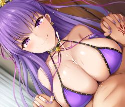 Rule 34 | 1boy, 1girl, absurdres, bare shoulders, bb (fate), bb (fate) (all), bb (swimsuit mooncancer) (fate), bb (swimsuit mooncancer) (second ascension) (fate), bead bracelet, beads, bikini, black gloves, blush, bracelet, breasts, cleavage, collarbone, fate/grand order, fate (series), fingerless gloves, fingernails, gloves, hair ornament, hair ribbon, hairband, handsfree paizuri, highres, holding hands, interlocked fingers, jewelry, large breasts, long hair, looking at viewer, nail polish, neck ribbon, paizuri, purple bikini, purple eyes, purple hair, renetan, ribbon, star (symbol), star hair ornament, swimsuit, thighs, very long hair