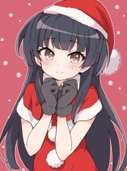 Rule 34 | 1girl, black hair, blush, brown eyes, capelet, character request, closed mouth, dress, fur-trimmed capelet, fur-trimmed headwear, fur trim, gloves, grey gloves, hands up, hat, idolmaster, long hair, looking at viewer, red background, red capelet, red dress, red hat, santa costume, santa hat, simple background, smile, solo, tadanoshi kabane, upper body, very long hair