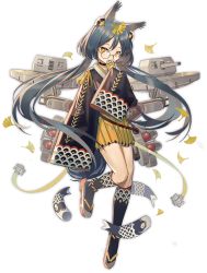 Rule 34 | 1girl, amulet, anchor symbol, animal ears, azur lane, black hair, braid, covering own mouth, full body, glasses, hair ornament, hatakaze (azur lane), japanese clothes, koinobori, leaf, long hair, norizc, official art, omamori, pleated skirt, rigging, sandals, skirt, solo, strap, tail, torpedo, torpedo launcher, transparent background, twintails, wide sleeves, windsock, yellow eyes, yellow skirt