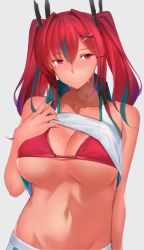 Rule 34 | 1girl, azur lane, bare shoulders, bikini, bikini top only, blush, breasts, bremerton (azur lane), bremerton (scorching-hot training) (azur lane), cleavage, clothes lift, collarbone, collared shirt, commentary request, crop top, green skirt, grey hair, groin, hair between eyes, hair intakes, hair ornament, hairclip, hand on own chest, heavy breathing, highres, kameponde, large breasts, lifting own clothes, long hair, looking at viewer, midriff, mole, mole under eye, multicolored hair, navel, nose blush, pink bikini, pink eyes, pink hair, shirt, shirt lift, sidelocks, simple background, skirt, sleeveless, sleeveless shirt, smile, solo, sportswear, standing, streaked hair, sweat, swimsuit, tennis uniform, twintails, two-tone hair, two-tone shirt, two-tone skirt, underboob, upper body, white background, white shirt, white skirt, x hair ornament