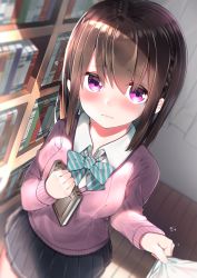 Rule 34 | 1girl, black skirt, blue bow, blurry, blurry background, blush, book, bookshelf, bow, braid, breasts, brown hair, closed mouth, collared shirt, commentary request, depth of field, diagonal stripes, dutch angle, hair between eyes, heart, highres, holding, holding book, indoors, long hair, long sleeves, neku (neku draw), original, pink sweater, pleated skirt, purple eyes, school uniform, shirt, shirt tug, skirt, sleeves past wrists, small breasts, solo, striped, striped bow, sweater, white shirt, wooden floor