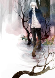 Rule 34 | 1boy, artist request, claire youxi, ginko, hair over one eye, male focus, mushishi, pants, ripples, short hair, soaking feet, solo, tree, wading, water, white hair