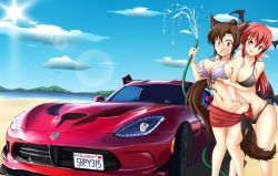 Rule 34 | 2girls, :o, :q, alternate hairstyle, animal ears, bare arms, bare legs, bat wings, beach, bikini, black bikini, blush, breasts, brooch, brown hair, car, car wash, cleavage, cloud, covered erect nipples, day, demon girl, demon wings, dodge (company), dodge viper, embarrassed, female focus, female pervert, grabbing, grabbing another&#039;s breast, grabbing from behind, groin, head wings, highres, hose, imaizumi kagerou, jewelry, koakuma, large breasts, legs, lens flare, licking lips, long hair, looking at viewer, masegohan, midriff, moaning, motor vehicle, multiple girls, nature, navel, ocean, open mouth, outdoors, pervert, ponytail, red eyes, red hair, sarong, shy, sky, standing, sun, surprised, swimsuit, tail, tongue, tongue out, touhou, v-shaped eyebrows, vehicle, water, wings, wolf ears, wolf tail, yuri