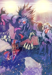 Rule 34 | 1boy, bare shoulders, capcom, fingerless gloves, fujii eishun, gloves, glowing, glowing eyes, guitar, highres, instrument, male focus, music, open mouth, playing instrument, purple gloves, red eyes, sharp teeth, skeletal hand, solo, spiked hair, teeth, tongue, tongue out, vampire (game), zabel zarock, zombie