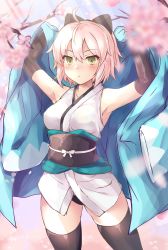 Rule 34 | 1girl, absurdres, ahoge, arm guards, armpits, bare shoulders, black bow, black panties, black thighhighs, blurry, blurry foreground, bow, breasts, cherry blossoms, closed mouth, collarbone, commentary request, cowboy shot, day, depth of field, expressionless, fate/grand order, fate (series), hair bow, hands up, haori, highres, holding, japanese clothes, kimono, light rays, looking at viewer, medium breasts, obi, okita souji (fate), okita souji (koha-ace), panties, pink hair, samoore, sash, shinsengumi, short hair, short kimono, sleeveless, sleeveless kimono, solo, standing, sunbeam, sunlight, thighhighs, underwear, white kimono, yellow eyes