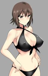 Rule 34 | 10s, 1girl, adjusting clothes, adjusting swimsuit, bikini, blush, breasts, brown eyes, brown hair, cleavage, closed mouth, commentary, front-tie bikini top, front-tie top, girls und panzer, grey background, halterneck, hifumi hajime, highres, large breasts, light frown, looking to the side, navel, nishizumi maho, short hair, simple background, solo, standing, swimsuit, upper body