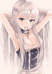 Rule 34 | 1girl, absurdres, armpits, arms behind head, arms up, azur lane, belfast (azur lane), braid, breasts, broken, broken chain, chain, cleavage, collar, corset, eyelashes, french braid, frills, glint, hair flowing over, hair tie, hair tie in mouth, highres, huge filesize, lips, long hair, looking at viewer, maid, medium breasts, mouth hold, popcat (jung5u), purple eyes, simple background, skirt, solo, very long hair, white background, white hair