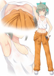 Rule 34 | 10s, 1girl, arm behind head, armpits, bare arms, bow, breasts, cleavage, clenched teeth, crop top, from below, green hair, hair bow, hammer, hand on own hip, holding, kanden sky, kantai collection, long hair, midriff, multiple views, navel, no bra, one eye closed, pants, ponytail, see-through, see-through shirt, shirt, shoes, sleeveless, small breasts, sweat, tank top, teeth, underboob, upshirt, yuubari (kancolle)
