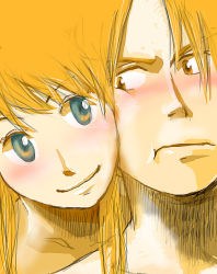 Rule 34 | 1boy, 1girl, bad id, bad pixiv id, blonde hair, blue eyes, blush, cheek-to-cheek, couple, edward elric, frown, fullmetal alchemist, heads together, hetero, long hair, looking at another, sitc, smile, traditional media, winry rockbell, yellow eyes