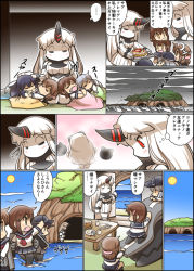 Rule 34 | 10s, 6+girls, abyssal ship, akatsuki (kancolle), black hair, blanket, blue sky, brown eyes, brown hair, cave, claws, cloud, cloudy sky, comic, cup, day, drinking glass, closed eyes, fang, folded ponytail, food, futon, grey eyes, hand on another&#039;s head, hat, headpat, hibiki (kancolle), hisahiko, horns, ikazuchi (kancolle), inazuma (kancolle), kantai collection, lap pillow, md5 mismatch, multiple girls, northern ocean princess, ocean, open mouth, pillow, plate, pleated skirt, red eyes, school uniform, seaport princess, serafuku, shirt, single horn, skirt, sky, sleeping, storm, table, translation request, tray, under covers, waving arm, white hair