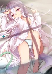 Rule 34 | 1girl, ahoge, arm up, bare legs, barefoot, blue panties, blurry, blurry background, breasts, candy, closed mouth, collared shirt, commentary request, depth of field, dress shirt, food, hair between eyes, hand up, highres, knee up, lollipop, long hair, long sleeves, looking at viewer, lying, moe2021, navel, no pants, on back, original, panties, red eyes, shirt, silver hair, siroyuki, sleeves past wrists, small breasts, smile, solo, underwear, very long hair, white shirt