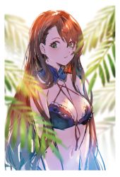 Rule 34 | 1girl, bare shoulders, beatrix (granblue fantasy), bikini, breasts, brown hair, cleavage, detached collar, granblue fantasy, green eyes, hair between eyes, hair down, highres, large breasts, leaf, looking to the side, multi-strapped bikini, navel, parted bangs, parted lips, shimatani azu, standing, swimsuit