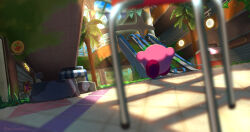 Rule 34 | colored skin, escalator, grass, highres, indoors, kirby, kirby (series), kirby and the forgotten land, leo taranza, moss, nintendo, no humans, palm tree, pink skin, solo, string of flags, tree, twitter username, window