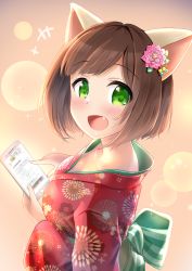 Rule 34 | :d, animal ears, back bow, blush, bow, breasts, brown hair, cat ears, cellphone, cleavage, fang, flower, green eyes, hair flower, hair ornament, highres, holding, holding phone, idolmaster, idolmaster cinderella girls, idolmaster cinderella girls starlight stage, japanese clothes, kibihimi, kimono, looking at viewer, maekawa miku, medium breasts, open mouth, phone, pink flower, print kimono, red kimono, short hair, smartphone, smile, solo, striped, striped bow, yukata