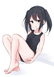 Rule 34 | 1girl, absurdres, ass, bad feet, bare arms, bare legs, bare shoulders, barefoot, black eyes, black hair, black one-piece swimsuit, blush, breasts, collarbone, hair between eyes, hand on own ass, head tilt, highres, long hair, looking at viewer, natsu (sinker8c), one-piece swimsuit, original, parted lips, school swimsuit, shadow, sidelocks, sketch, small breasts, solo, swimsuit, twintails, white background