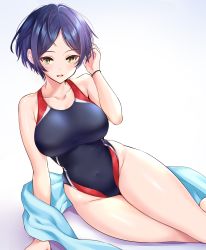 Rule 34 | 1girl, blue hair, blue towel, breasts, commentary request, competition swimsuit, feet out of frame, hayami kanade, highres, idolmaster, idolmaster cinderella girls, large breasts, looking at viewer, natsu (nattiyann), one-piece swimsuit, parted bangs, short hair, simple background, sitting, solo, swimsuit, towel, white background, yellow eyes, yokozuwari