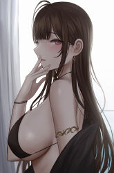 Rule 34 | 1girl, armlet, bare shoulders, blunt bangs, blush, breasts, brown hair, covering own mouth, dsr-50 (girls&#039; frontline), earrings, from side, girls&#039; frontline, hand over own mouth, highres, jewelry, large breasts, long hair, looking at viewer, looking to the side, off shoulder, parted lips, red eyes, selcky, smile, underboob, upper body