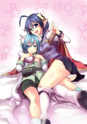 Rule 34 | 1boy, 1girl, ahoge, animal ears, ass, blue eyes, blue hair, blush, breasts, cape, cat ears, coat, crescent moon, elf, embarrassed, hair ornament, lab coat, leon geeste, looking at viewer, loose socks, moon, open mouth, panties, pantyshot, pointy ears, pouch, rena lanford, shiny skin, shirt, short hair, shorts, skirt, smile, socks, star ocean, star ocean the second story, tachibana mitsuki, underwear, v