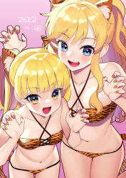 Rule 34 | 2022, 2girls, :d, animal ears, animal print, bad id, bad pixiv id, bare shoulders, bikini, blonde hair, blue eyes, blush, breasts, claws, collarbone, cowboy shot, duplicate, extra ears, fang, hair ornament, hands up, highres, idolmaster, idolmaster cinderella girls, jougasaki rika, long hair, looking at viewer, medium breasts, multiple girls, nail polish, navel, ohtsuki yui, open mouth, orange nails, pink background, small breasts, smile, stomach, swimsuit, tail, tiger ears, tiger girl, tiger print, tiger tail, translation request, two side up, yam (htt)