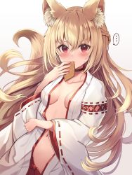 Rule 34 | ..., 1girl, aburaage, animal ear fluff, animal ears, blush, braid, breasts, brown hair, closed mouth, commentary request, eating, food, fox ears, fox girl, fox tail, gradient background, grey background, hair between eyes, hakama, highres, holding, holding food, japanese clothes, kimono, long hair, long sleeves, miko, navel, open clothes, open kimono, original, red hakama, ribbon-trimmed sleeves, ribbon trim, sakura ani, small breasts, solo, spoken ellipsis, tail, very long hair, white background, white kimono, wide sleeves