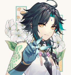 Rule 34 | 1boy, ahoge, arm tattoo, armor, bare shoulders, bead necklace, beads, black hair, closed mouth, creature, eyes visible through hair, eyeshadow, facial mark, floral background, flower, flyawaychan, genshin impact, gloves, green gloves, green hair, highres, holding, holding creature, jewelry, leaf, looking at viewer, makeup, male focus, medium hair, multicolored hair, necklace, pauldrons, red eyes, shoulder armor, single bare shoulder, single pauldron, slit pupils, solo, spikes, tattoo, turtleneck, twitter username, upper body, white flower, wings, xiao (genshin impact), yellow eyes