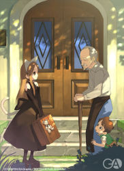 Rule 34 | 1girl, 2boys, animal ears, apron, black gloves, bow, brown hair, bush, cameo, cane, cat ears, cat tail, child, closed eyes, door, dress, elbow gloves, full body, gagraphic, gloves, grass, grey hair, gunpom, holding, house, long hair, looking at another, looking up, multiple boys, old, old man, peeking out, profile, shadow, shirt, short hair, sidelocks, size difference, sleeveless, sleeveless dress, smile, stairs, standing, stuffed animal, stuffed toy, suitcase, tail, teddy bear, v arms, waist apron