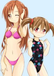 Rule 34 | 10s, 2girls, asuna (sao), bikini, black one-piece swimsuit, brown eyes, brown hair, commission, competition swimsuit, long hair, multiple girls, one-piece swimsuit, one eye closed, pink bikini, red eyes, short hair, short twintails, silica, star (symbol), star print, swimsuit, sword art online, tsukasa 0913, twintails, wink
