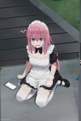 Rule 34 | 1girl, absurdres, alternate costume, apron, black dress, black footwear, blue eyes, bocchi the rock!, cellphone, censored, commentary, cube hair ornament, dress, enmaided, full body, gotoh hitori, grass, hair between eyes, hair ornament, unworn hair ornament, hair over eyes, highres, long hair, maid, maid apron, maid headdress, mary janes, mosaic censoring, omochiarts, one side up, open mouth, outdoors, phone, pink hair, puffy short sleeves, puffy sleeves, shoes, short sleeves, sitting, smartphone, solo, stairs, thighhighs, white apron, white thighhighs, wrist cuffs