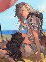 Rule 34 | 2girls, absurdres, animal ears, arknights, ass, bare legs, bikini, black hair, blue eyes, blue sky, breasts, brown eyes, closed mouth, day, feet out of frame, from behind, grey jacket, highres, horizon, jacket, lap pillow, lappland (arknights), long hair, looking at viewer, looking back, lying, medium breasts, multiple girls, naijiaer, ocean, on back, open clothes, open jacket, outdoors, scar, scar across eye, scar on face, short sleeves, silver hair, sitting, sky, smile, sunlight, swimsuit, tail, texas (arknights), very long hair, white bikini, wolf ears, wolf girl, wolf tail, yuri